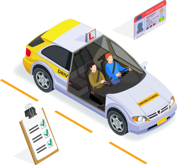 Driving school illustration with instructor and student